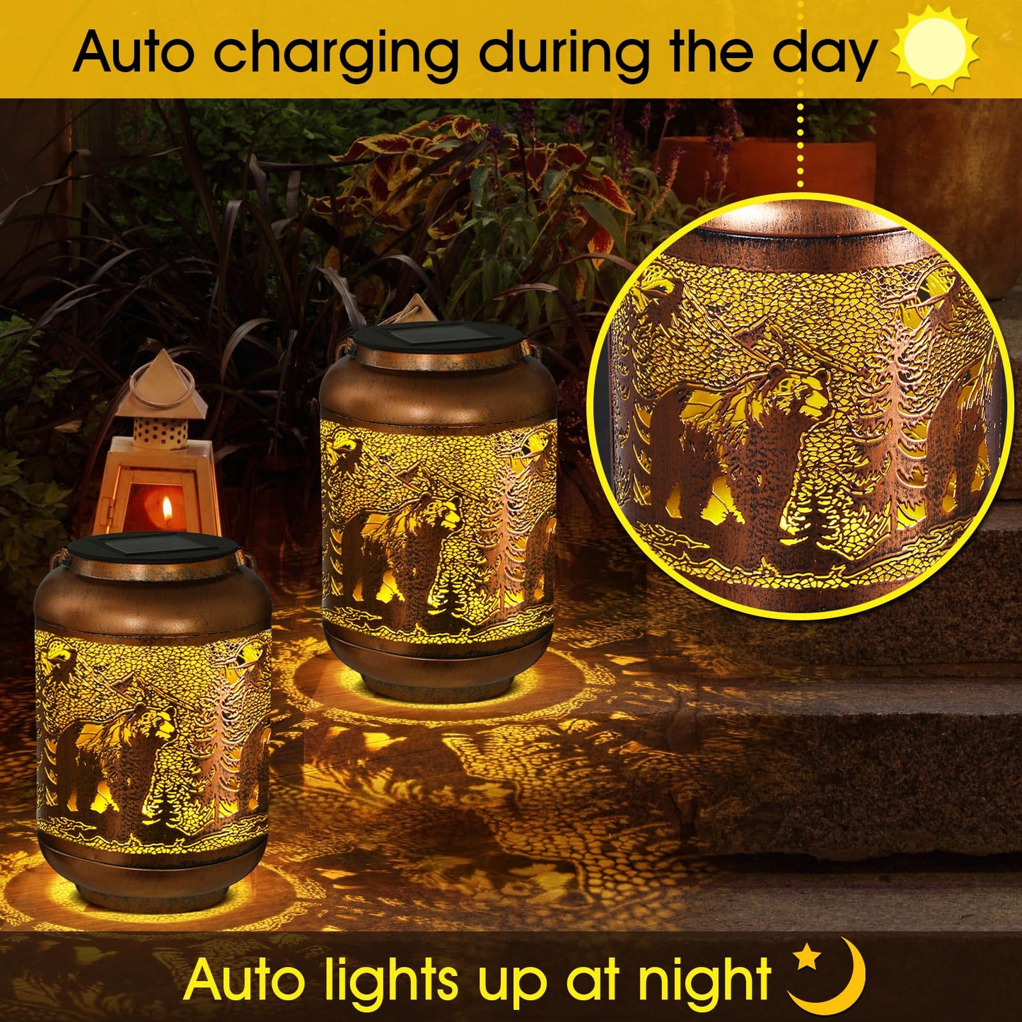 Flutesan Bear Solar Lantern Outdoor Waterproof Hanging Light Bear Solar Light Gift for Women Men Summer Xmas Metal Decorative LED Lanterns for Garden Patio Porch Tabletop Landscape
