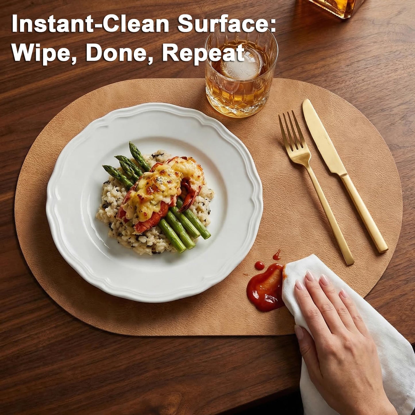 BIPASION Oval Placemats 2mm Ultra Thick Faux Leather Table Mats, Heat Resistant Waterproof Wipeable Dining Mats for Kitchen Table, Set of 6, Soft Apricot