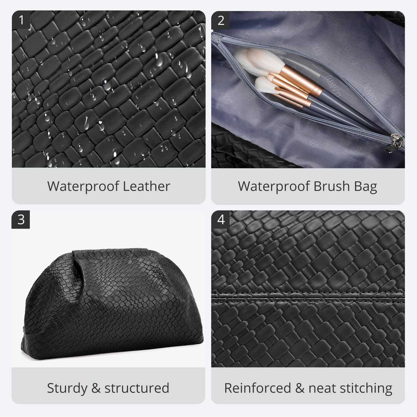 BOYATU Travel Makeup Bags for Women: Elegant Evening Woven Vegan Leather Make up Bag Clutch – 3 Pcs Set Large Capacity Compact Cosmetic Organizer for Purse,Bride Bridesmaid Gift (Black)