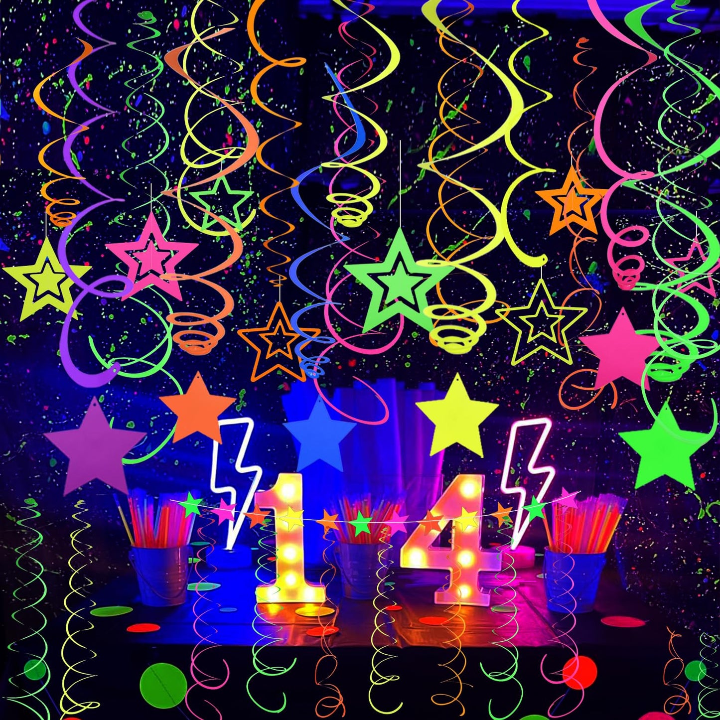 52 PCS UV Neon Rainbow Ceiling Swirl Decoration Hanging Streamer for Ceiling Neon Garlands Black Light Neon Decorations for Dark Glow Party Supplies and Decorations Birthday Party Favors