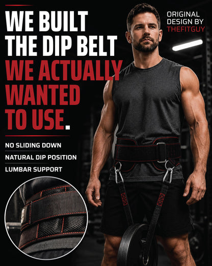 THEFITGUY Dip Belt with Strap – No Slip Secure Closure | 250lb Heavy Duty | Belt Squat Attachment, Weighted Dips, Pull Ups | Structured Back Support | 45-Degree Angle Rings, 2 Snap Hooks Included