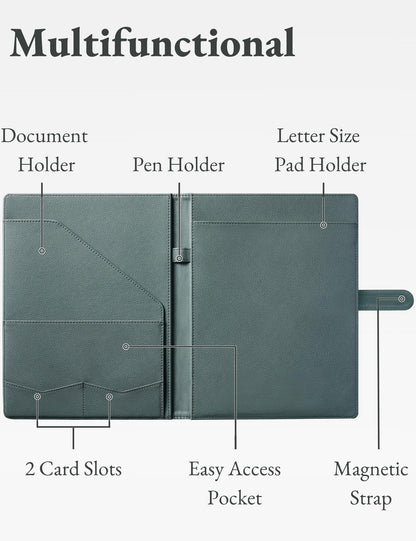 Mymazn Padfolio Portfolio Folder, Faux Leather Interview Resume Folder with Document Organizer & Business Card Holder, Letter-Sized Notepad Legal Pad Holder for Men Women (Grey Green)