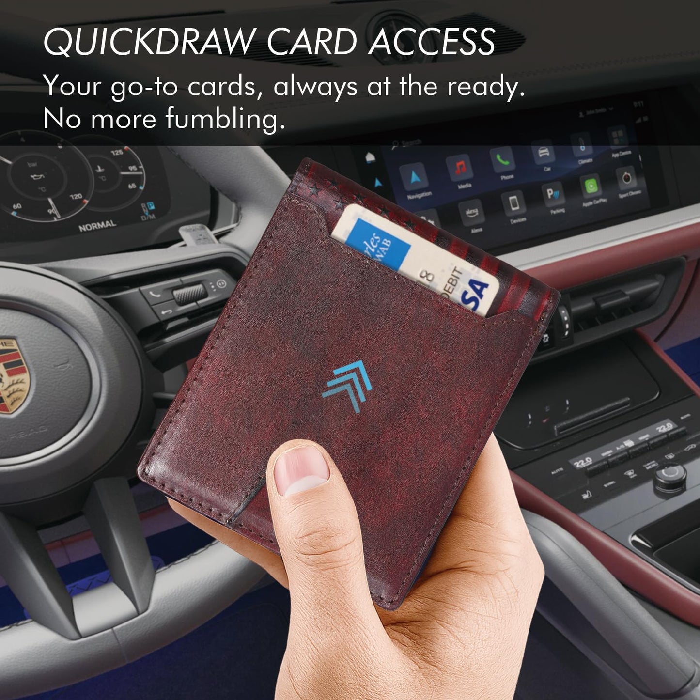 Pefiam Full Grain Leather Wallet for Men, RFID Blocking, Mens Wallet Bifold with 2 ID Windows, Billfold with 13 Card Slots, Leather Gift for Men, American Flag Wallet Red