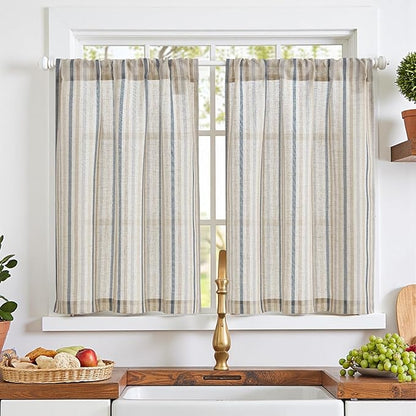 jinchan Colorful Striped Linen Kitchen Curtains 36 Inch Christmas Tier Curtains Farmhouse Modern Cafe Small Window Treatments Light Filtering Rod Pocket for Living Room Bathroom 2 Panels Multi Blue