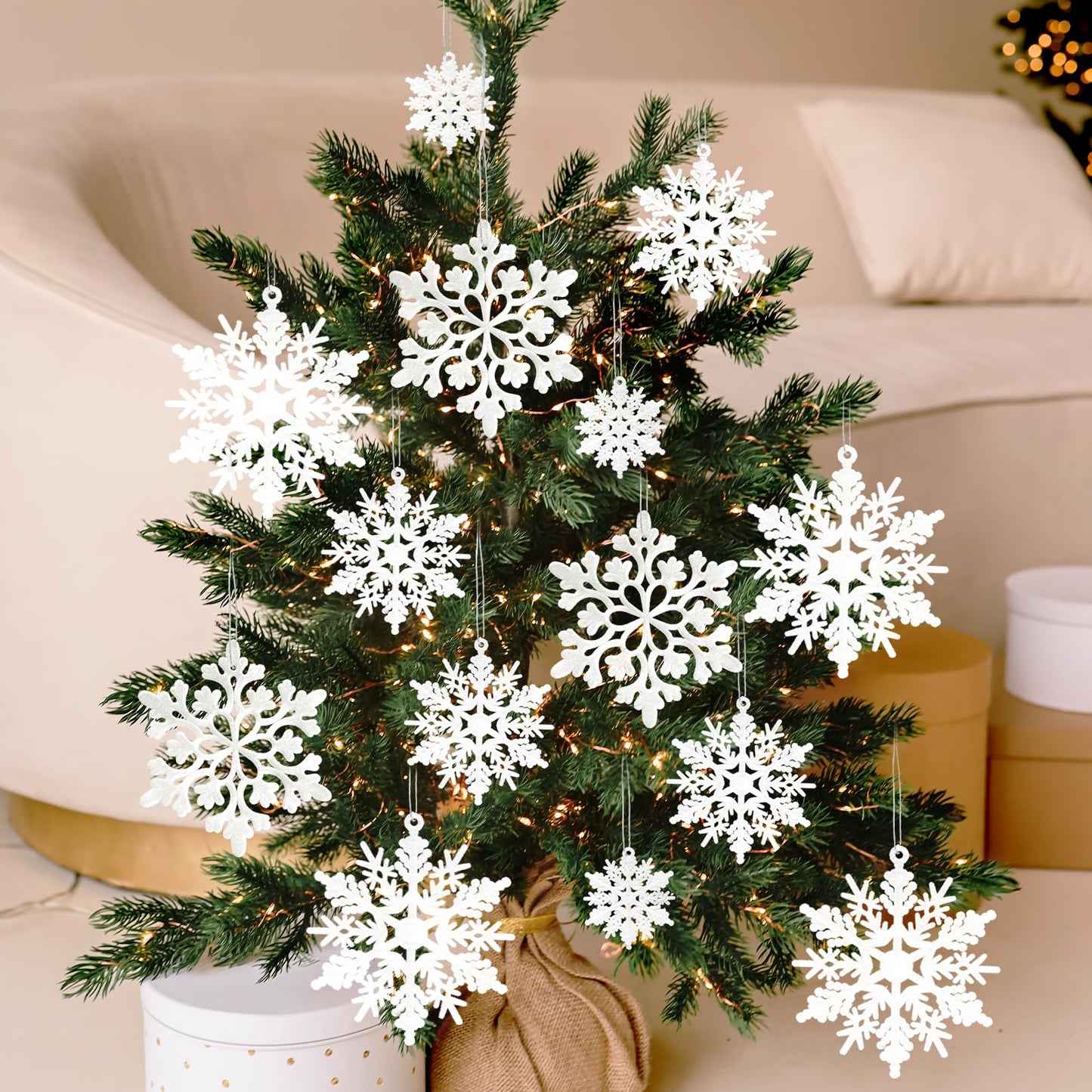 36pcs Velvet Christmas Snowflake Ornaments Hanging Felt Flocked Snow Flakes for Christmas Tree Decorations Winter Wonderland Frozen Birthday Party Holiday Home Decor Craft Snowflakes White