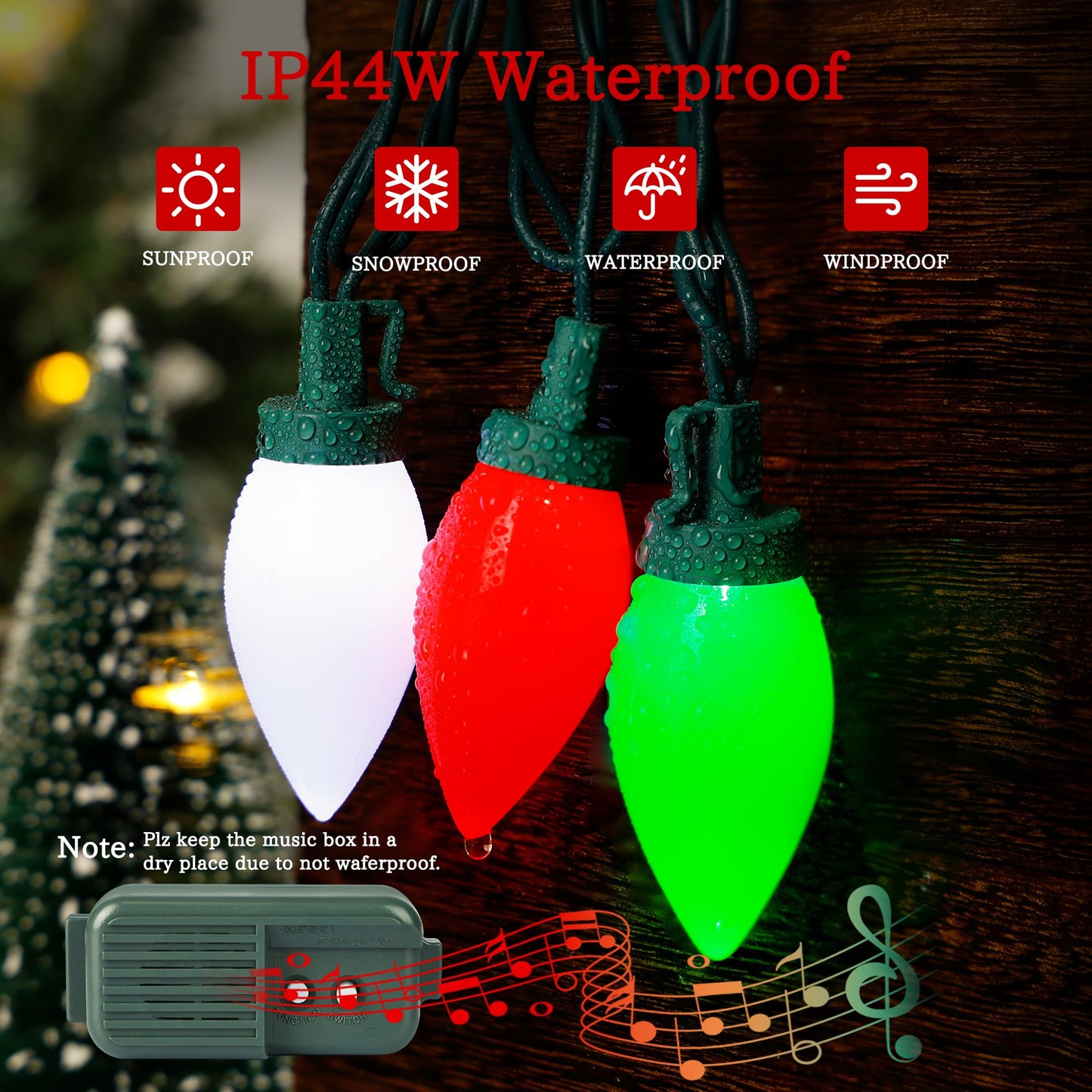 HAYATA Music Christmas Lights 35 LED C9 String Light - Fairy Xmas Decor Lighting for Outdoor, Indoor, Patio, Party, Home, Wreath, Garland, Christmas Tree Decoration. (Red&White&Green)