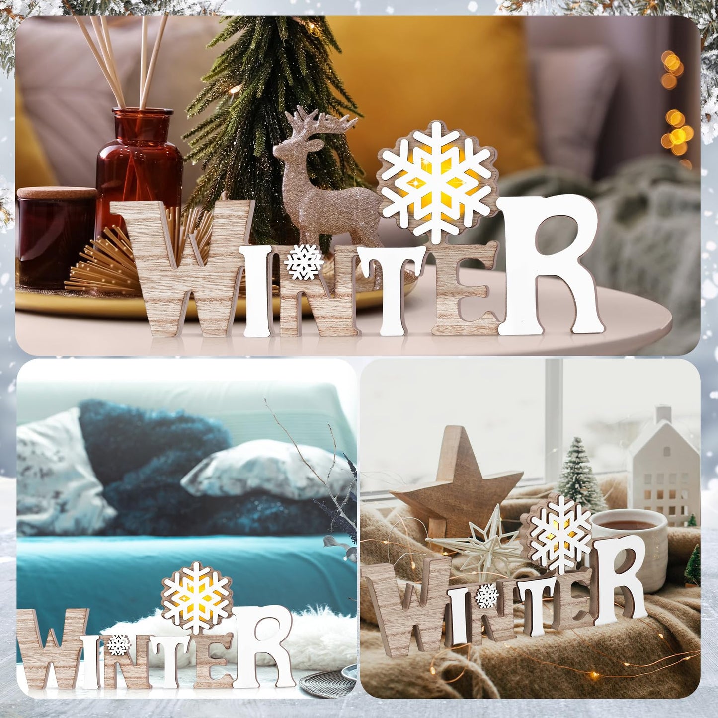 Geetery White Winter LED Wooden Sign Rustic Wooden Words Sign Tabletop Centerpiece Decor Snowflake Decorations for Winter Christmas Table Home Indoor Party