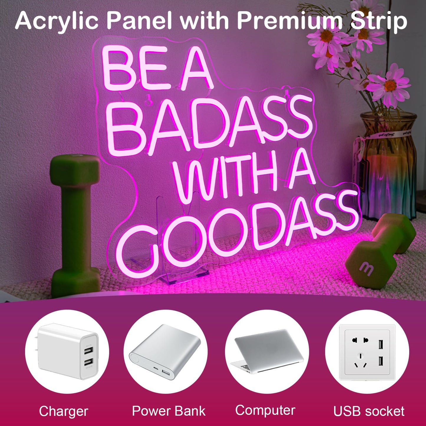 Gym Neon Sign with Pink LED Content Neon Light BE A BADASS WITH A GOODASS Light Signs for Wall Art Decor in Bar Club Ideal Birthday Gift for Teens and Adult Home Gym
