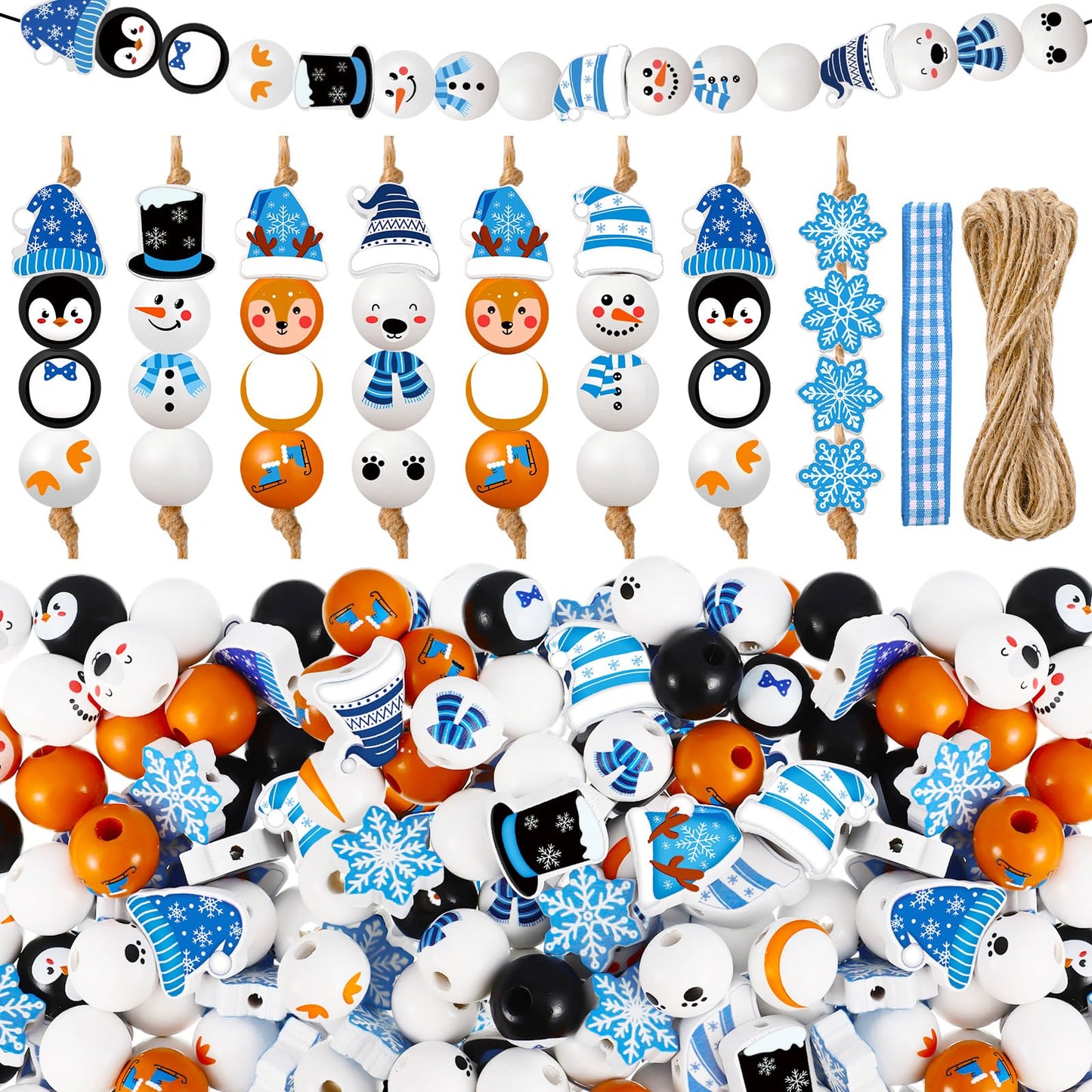 Cinnvoice 240 Pcs Summer Christmas in July Wood Beads with Twine Snowman Gingerbread Man Nutcracker Wooden Bead Garland DIY Crafts Round Beads for Xmas Party Decor(Classic Winter)