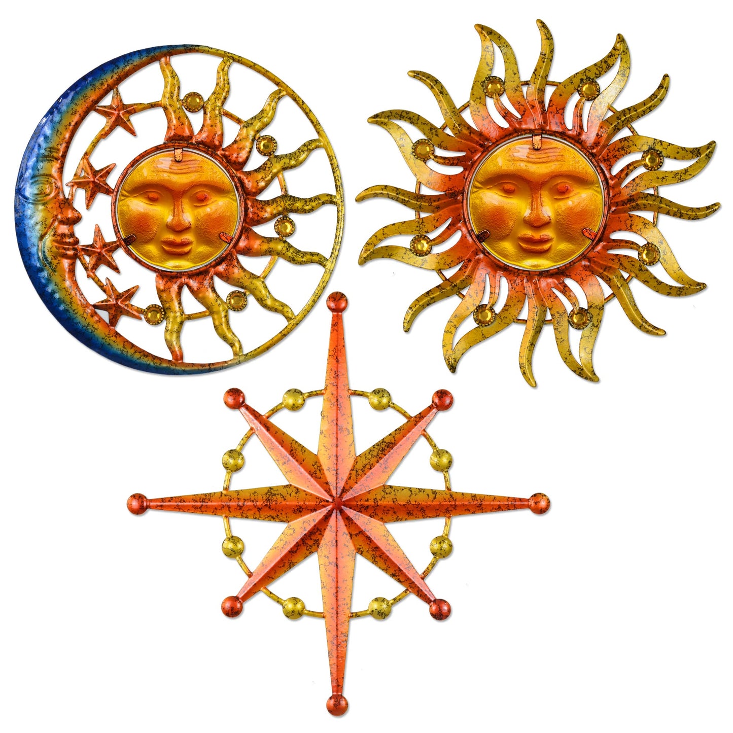 Sun Moon Star Metal Wall Art, Glass Sun Face Retro Hanging Weird Decor