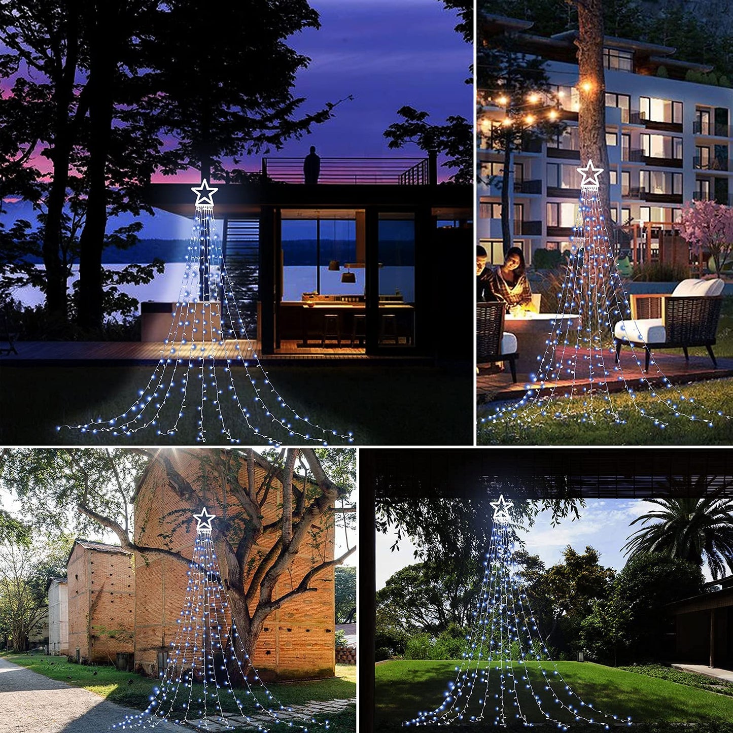 Christmas Decoration Lights, Outdoor Christmas String Lights 320 LED 11.5 Ft Waterfall Tree Light with Big Star Topper 8 Light Modes for Xmas New Year Holiday Garden Yard Indoor Outdoor Decor