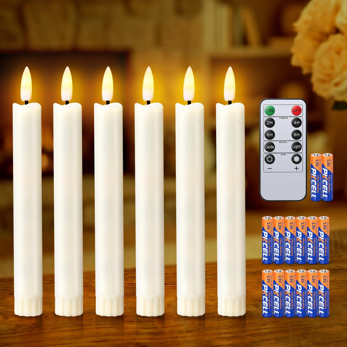 Enhon 6 Pack Flameless Taper Candles with Remote & Batteries, 6.5" Ivory LED Candle Sticks, 3D Flickering Wick, Timer & Dimmable, 624+ Hour Battery Operated Candles for Home, Wedding & Christmas Decor