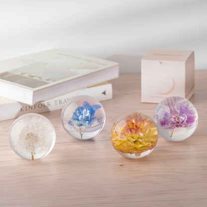 NouvoCrescent Real Purple Orchid Paperweight - Home Decor Crystal Resin Ball 3.14in (80mm) - Clear Resin Purple Orchid Flower Globe for Special Days - Sphere Figurine Office Paperweight w/Flat Bottom