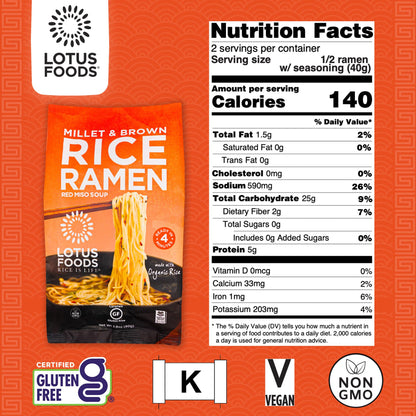 Lotus Foods Bulk Food Organic Millet & Brown Rice Ramen Noodles with Red Miso Soup, Gluten-Free Easy to Cook & Healthy Japanese Noodles with Instant Gourmet Broth, 2.8 Oz (Pack of 10)