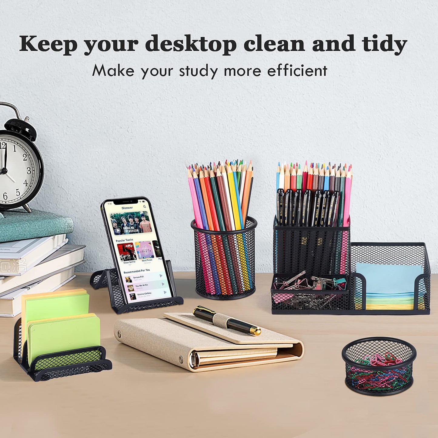 zqanve Desk Organizers set with Mesh Pen Holder Cup, 3 Compartments Black Office Supply Organizer Paper Clips Holder for Office Desk Accessories (6 Piece set, Black)