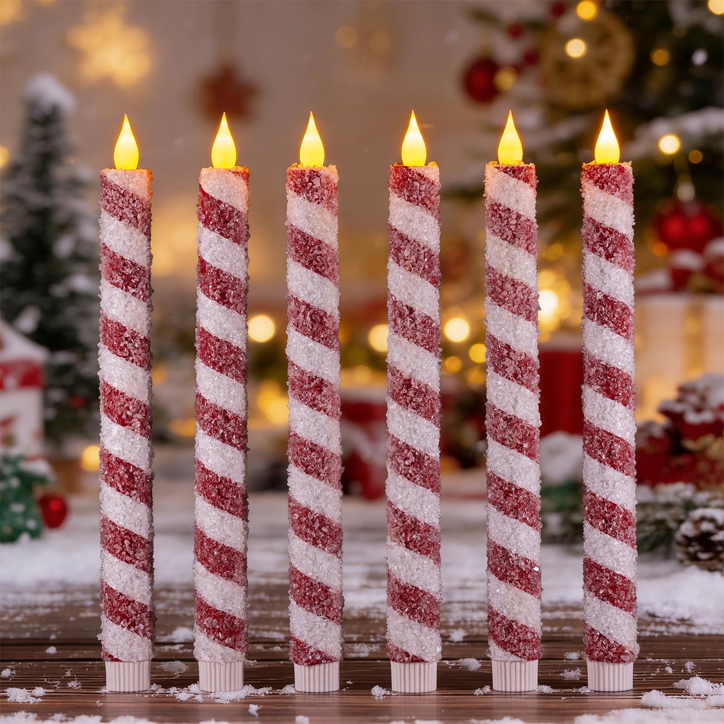 IUJOCQL 6 Pcs 10.6 Inch Christmas Flameless Taper Candles, Candy Cane Red & White Stripes Flickering LED Candles Battery Operated for Xmas Centerpiece, Holiday Party, Wedding, Home Decoration