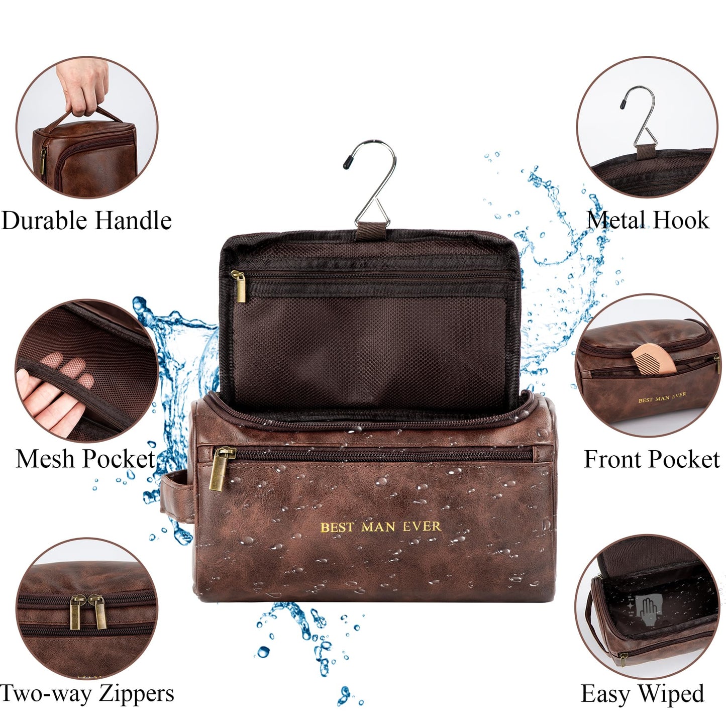 Flycalf Mens Toiletry Travel Bag Groomsmen Father Dad Leather Toiletries Grooming Bag for Men Shaving Bag Hanging Water Resistant Organizer (Coffee)