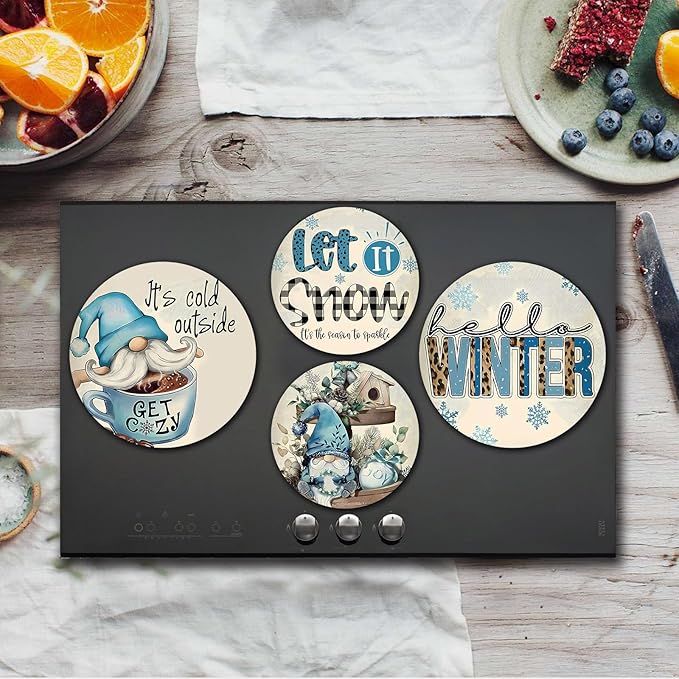 Blue Cold Winter Stove Burner Covers, Christmas Decor Gas Stove Burner Covers 8 ＆10 Inches Stove Top Covers Electric Stove 4 Pcs Metal Stove Cover Gas Stove Top Covers, Cooktop Decorative