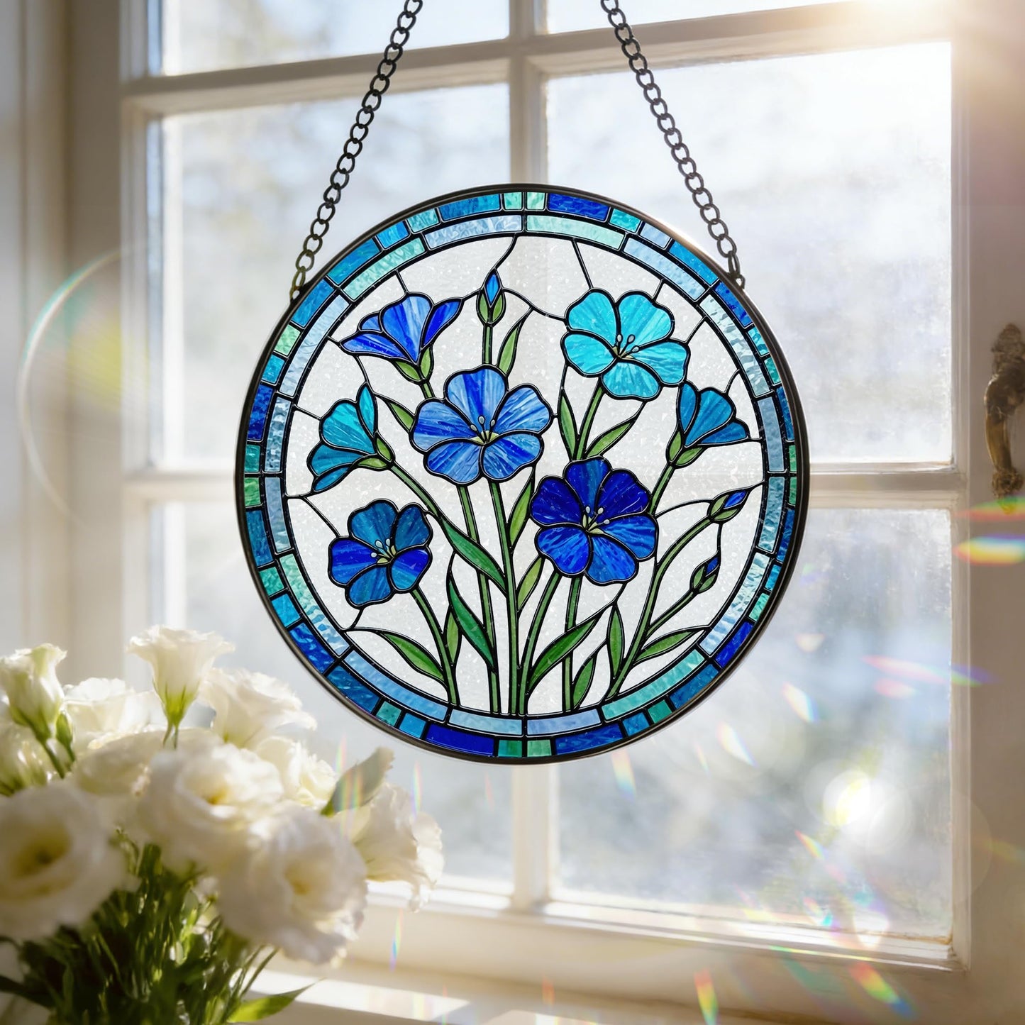Stained Glass Window Hanging, 7.8 Inch Blue Flower Suncatcher, Blue Botanical Window Decor, Stained Glass Ornaments for Windows, Doors & Home Decor, Mother's Day Birthday Gift for Mom, Garden Lovers