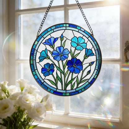 Stained Glass Window Hanging, 7.8 Inch Blue Flower Suncatcher, Blue Botanical Window Decor, Stained Glass Ornaments for Windows, Doors & Home Decor, Mother's Day Birthday Gift for Mom, Garden Lovers