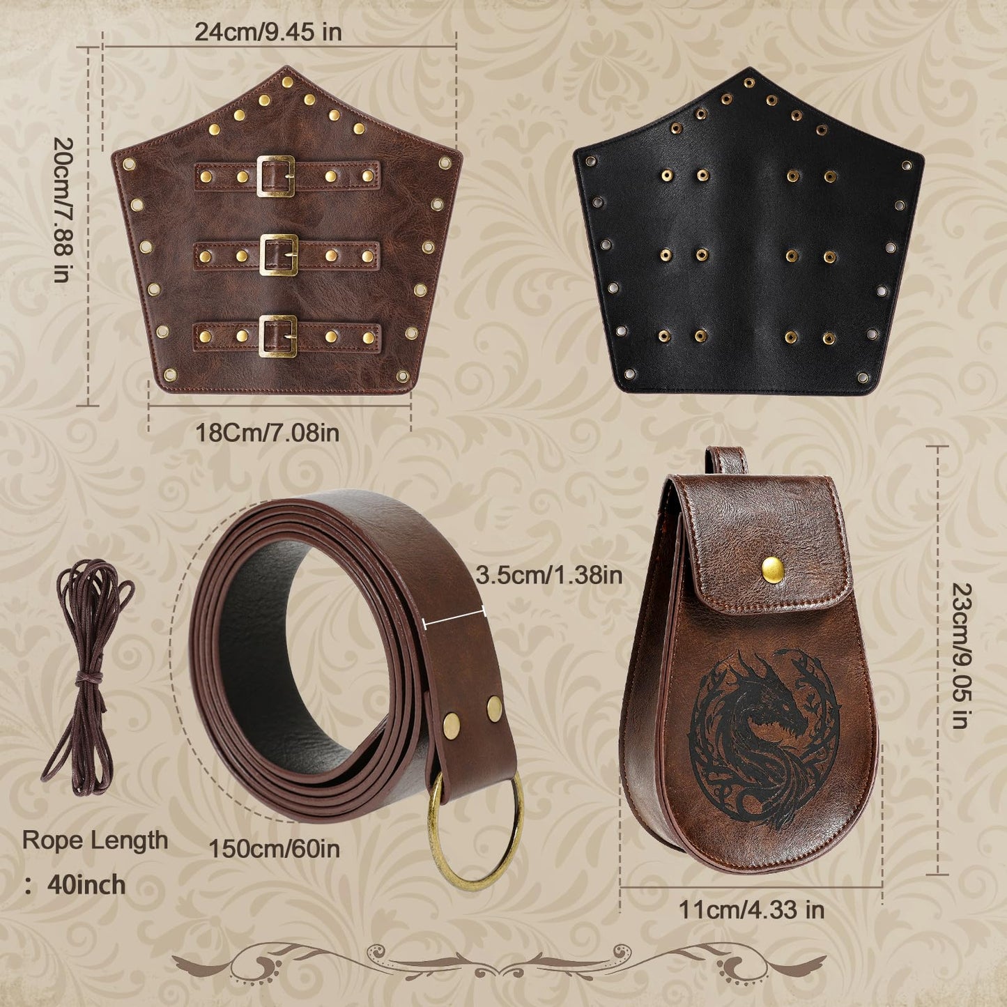 WooHand 3PCS Renaissance Accessories for Men Women – Viking Renaissance Belt, Medieval Pouch & Leather Bracers for Halloween, Ren Faire, Cosplay, LARP