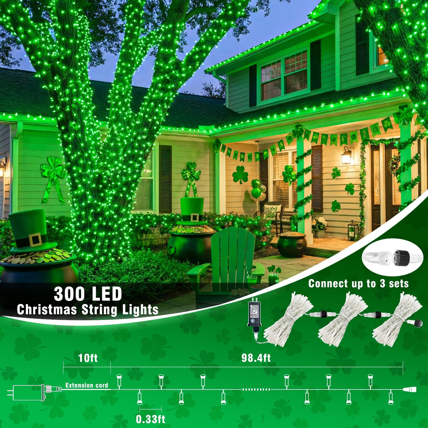 Vivideal 300 LED String Lights Indoor, 99ft Green St Patricks Day Lights for Bedroom Clear Wire 8 Modes, Waterproof Plug in Christmas Light with Timer Memory for Room Tree Party Decorations