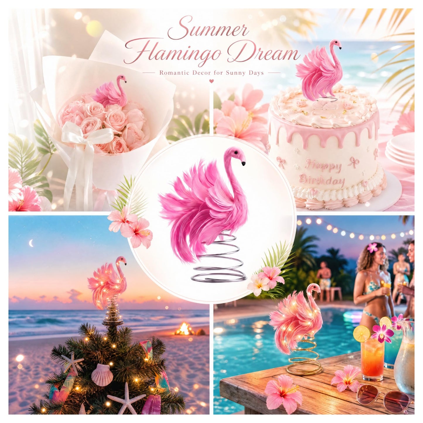 Gejoy 4 Inch Summer Pink Flamingo Mini Tree Topper with Artificial Fluffy Feather LED String Lights Light up Pink Flamingo Tropical Decorations for Small Christmas Tree Ornament Holiday Party Decor