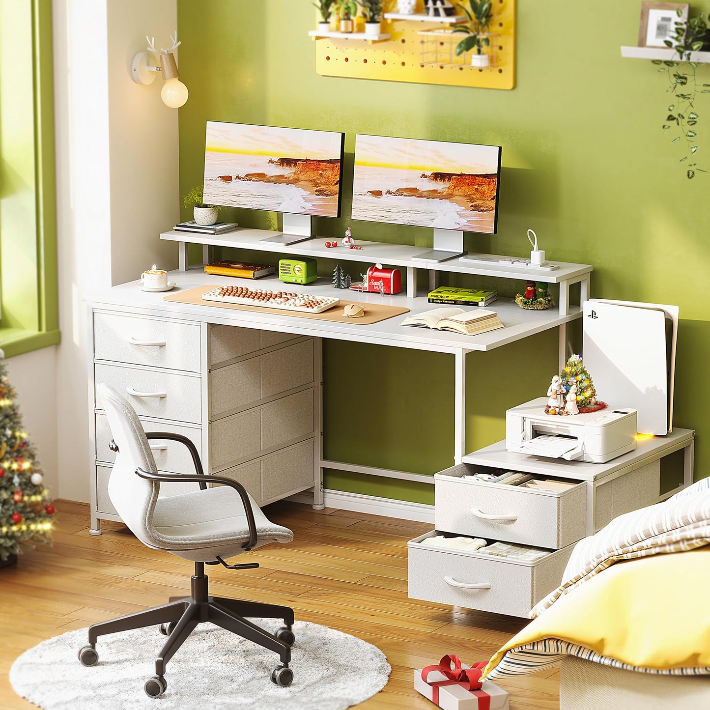 Flrrtenv 52 Inch Office Desk with 6 Drawers and Printer Space for Storage, Reversible Computer Desk with Monitor Stand & Power Outlets, Home Office Desks, White