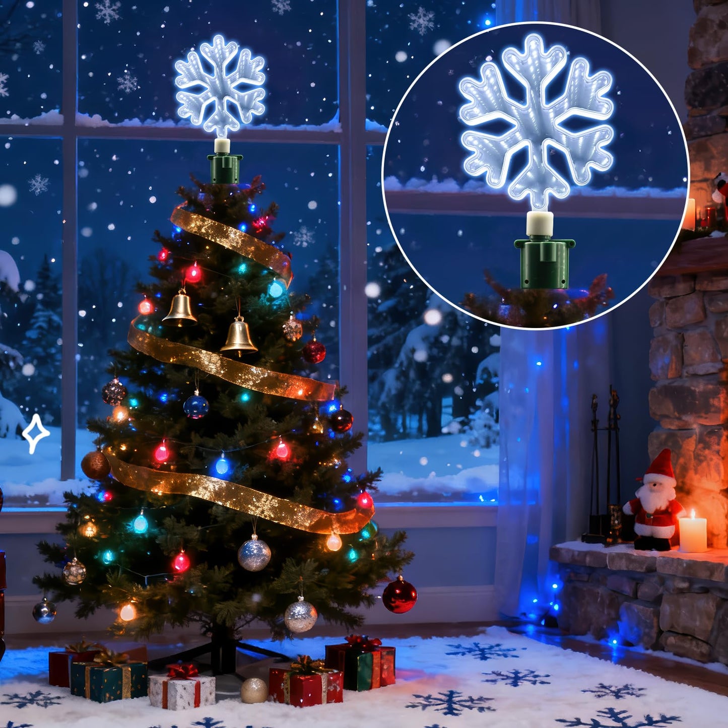 Christmas Tree Topper Lighted with White LED Lights, 360° Rotating Snowflake Tree Topper Ornament with Clip, Infinity Mirror Tree Topper Snowflake for Xmas Party Holiday Christmas Decorations