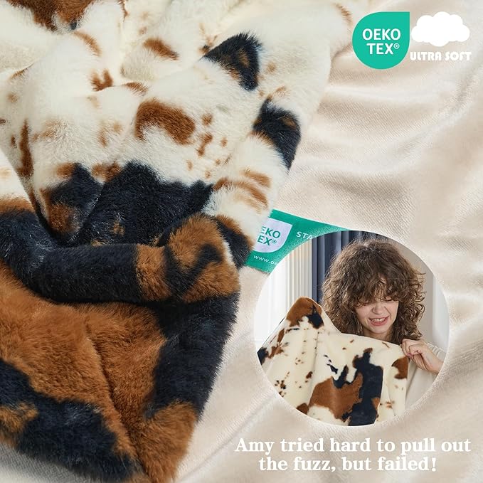 Krifey Faux Fur Blanket for Dorm Bed, Soft Couch Throw, Cozy Fuzzy Plush Thick Warm Blanket, Faux Rabbit Fleece, Christmas Birthday Gifts for Girls Women Mom Men, Room Decor, Animal Cow Print, 60x80in