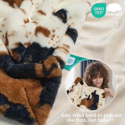 Krifey Faux Fur Blanket for Dorm Bed, Soft Couch Throw, Cozy Fuzzy Plush Thick Warm Blanket, Faux Rabbit Fleece, Christmas Birthday Gifts for Girls Women Mom Men, Room Decor, Animal Cow Print, 60x80in