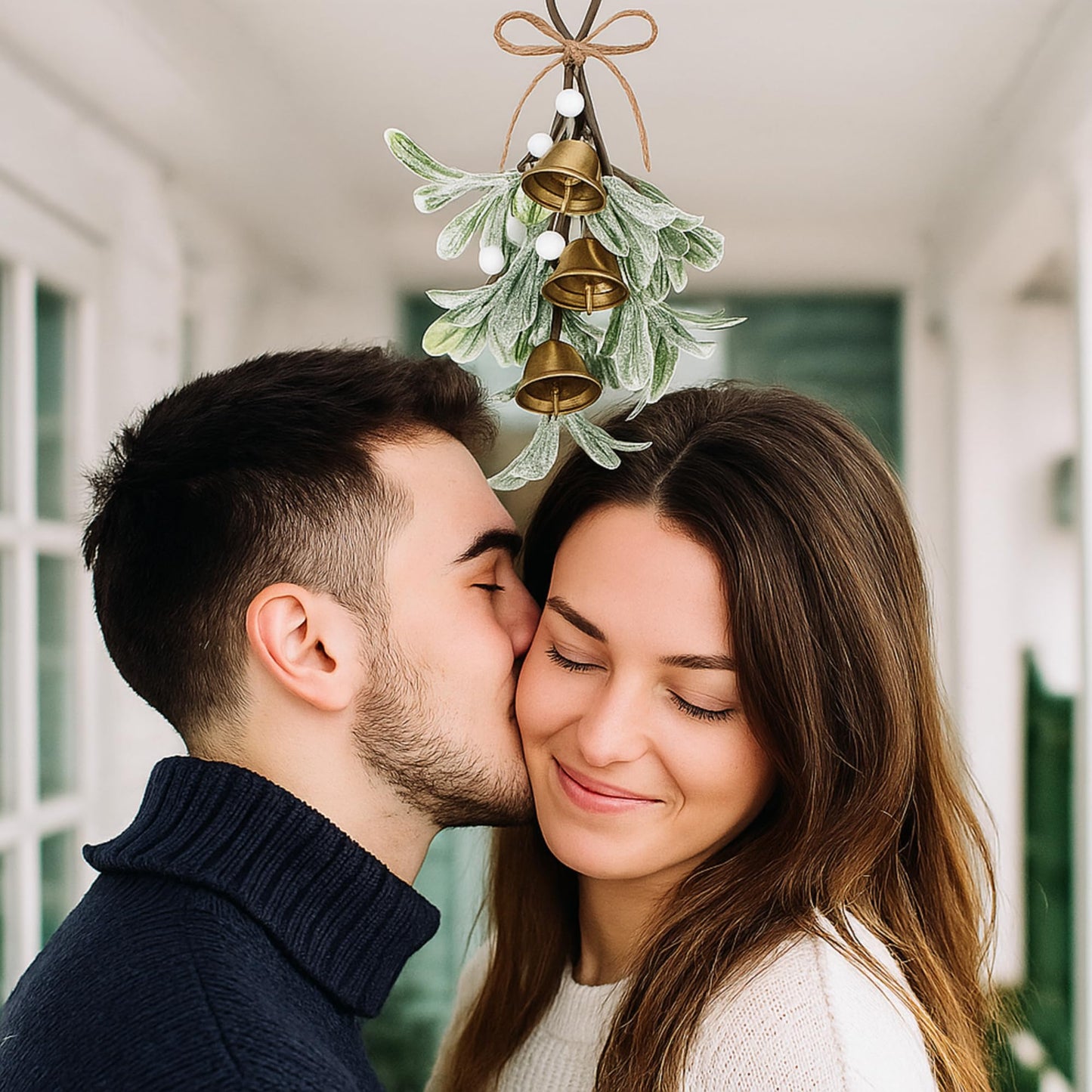 Tigeen Christmas Mistletoe Kiss Decor with Metal Bells and Bow Knots 8.6 Inch Artificial Christmas Mistletoe Hanging Ornaments for Xmas Party Tree Doors Walls Window Fireplaces Decorations(White)