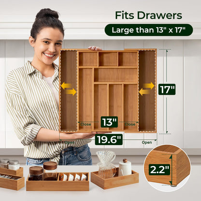 Carbonized Bamboo Kitchen Drawer Organizer, 8 Slots Silverware Organizer, Utensil Holder & Cutlery Tray, 2.2" Deep for Extra Capacity, Non-Slip Feet Included
