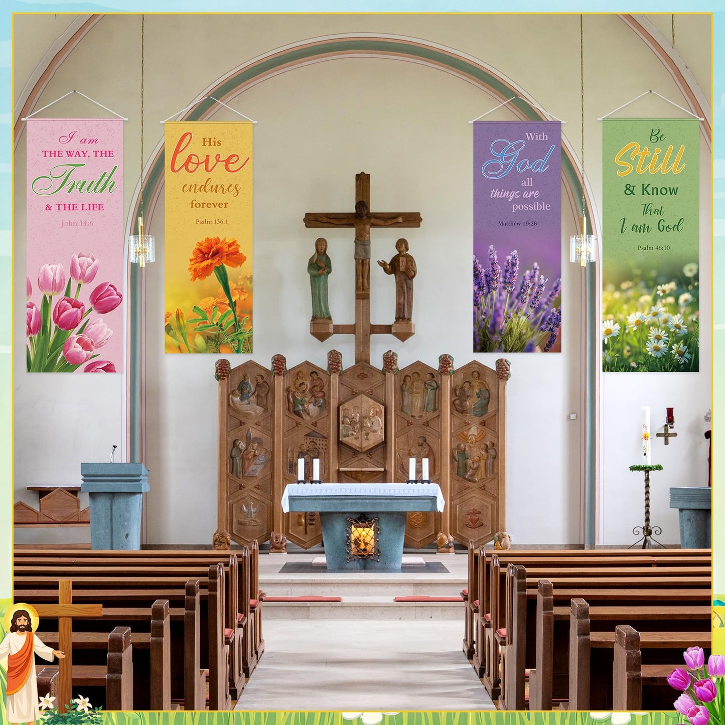Panelee 4 Pcs Church Banners for Sanctuary Wall Blooming Flower Church Banners with Scripture Inspirational Religious Praise Bible Verses Hanging Backdrop Signs for Sunday School Worship Decoration