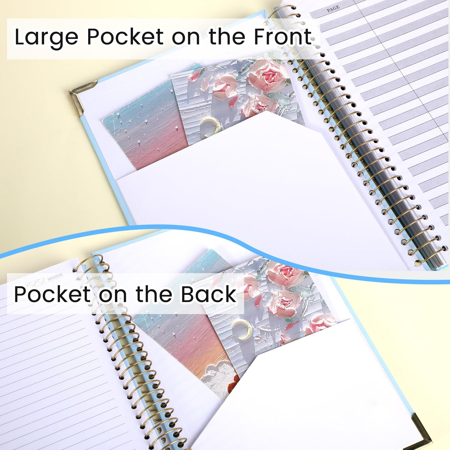 Yoment B5 Spiral Notebook with Folder Pockets - 200 Pages Hardcover College Ruled Journal, Thick 100gsm Paper for Note Taking, Work & Office, Lined Notebook for Women & Men, Blue