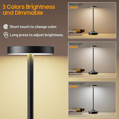 2 Pack Cordless Table Lamps, Battery Operated LED Desk Lamp, 3-Color Stepless Dimming, Portable & Waterproof, for Restaurants, Bedrooms, Bars, Outdoor Parties, Camping, and Cafes (2Pack Black)