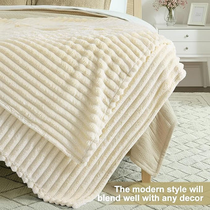 decorUhome Soft Fleece Beige Throw Blanket for Couch, Cozy Fluffy Plush Flannel Striped Blanket for Sofa Bed, Lightweight Decorative Ribbed Fuzzy Blanket for Woman, 50x60 Inches
