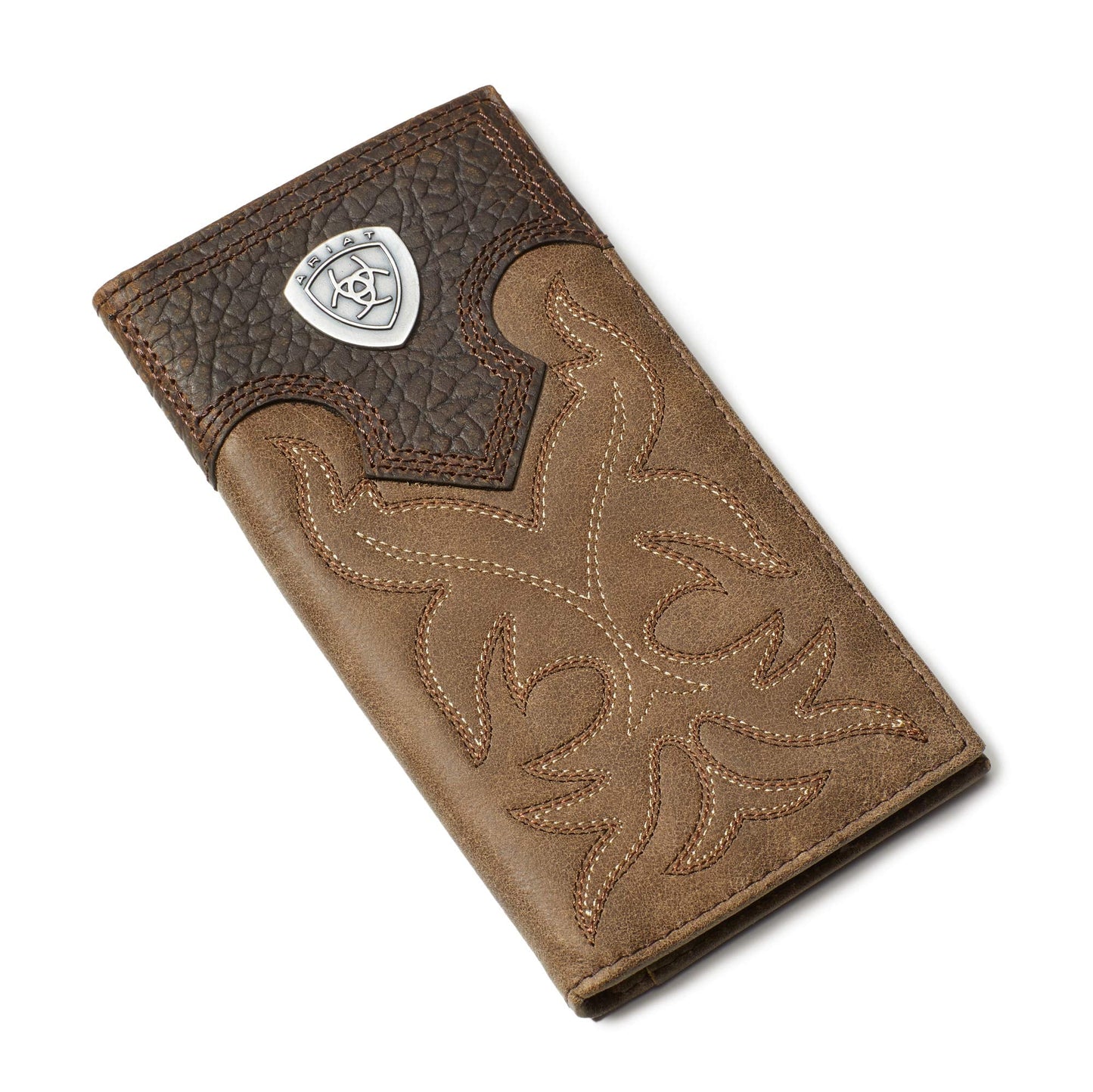 ARIAT Men’s Boot Stitch Overlay Rodeo Wallet, Distressed Top Grain Leather with Silver Shield Concho | Brown