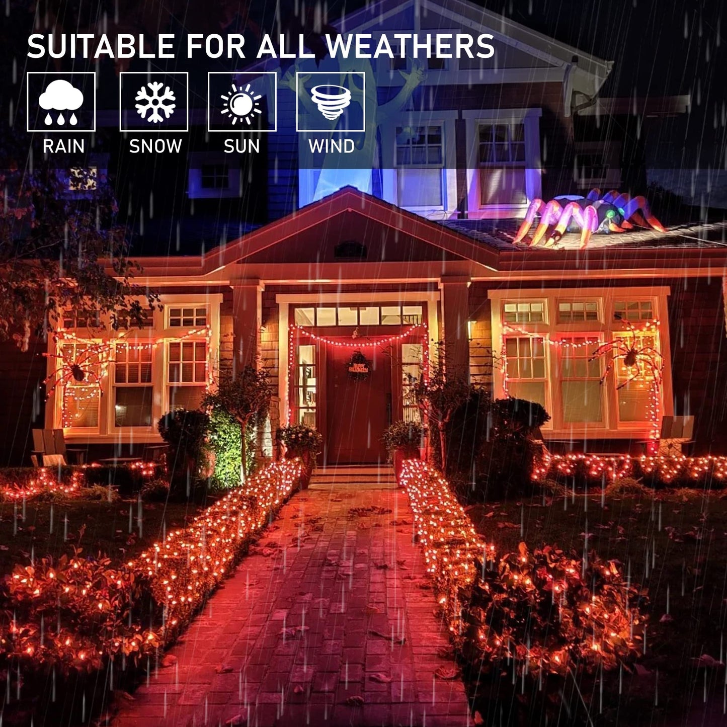 Weillsnow Orange Halloween Lights, 66FT Plug-in Waterproof String Lights, 8 Modes with Memory for Indoor/Outdoor Garden Decorations