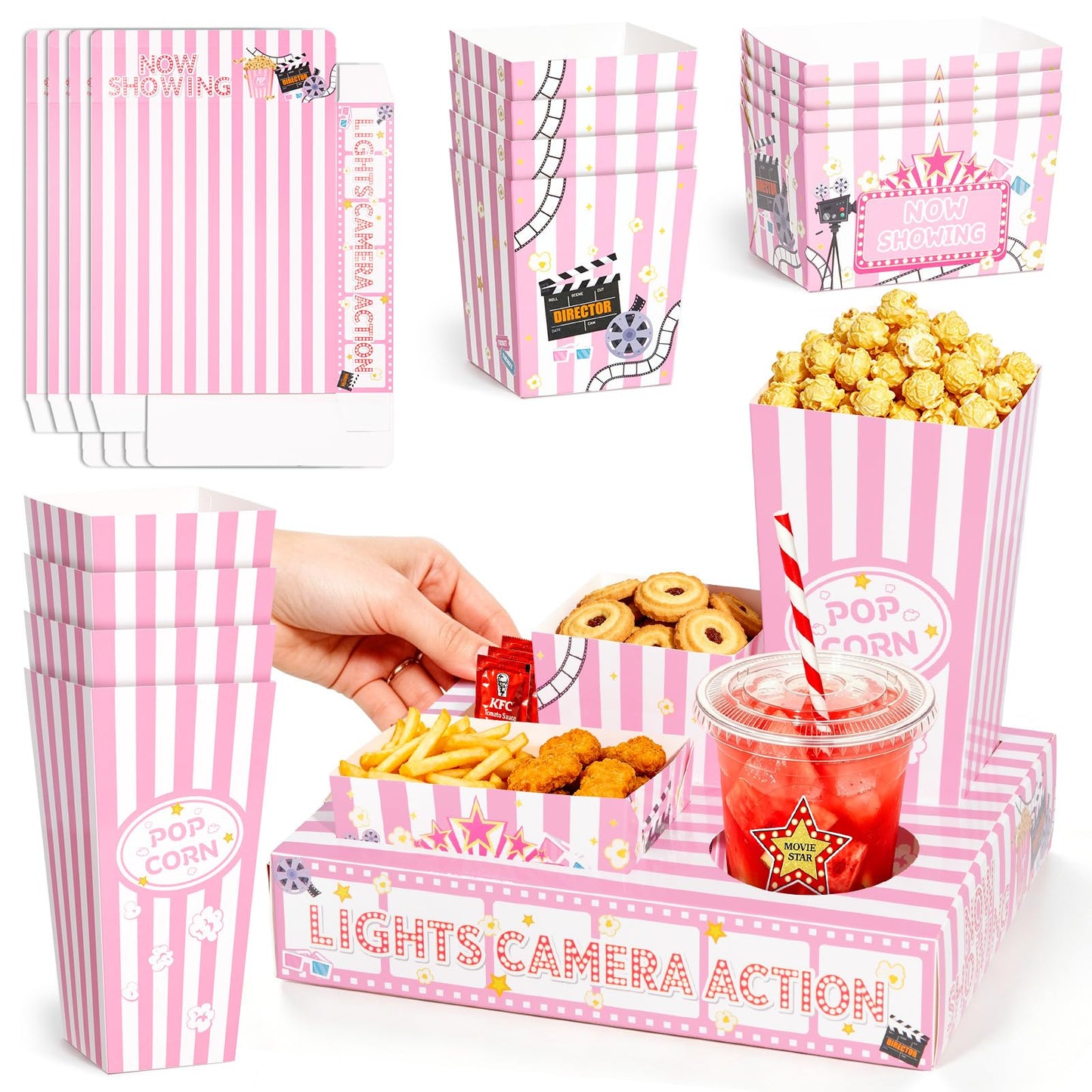 Movie Night Snack Trays, 16 Pcs Movie Night Party Supplies Include Paper Snack Trays Popcorn Holders Snack Boxes for Girls' Night Birthday Party Home Theater- Serve 4