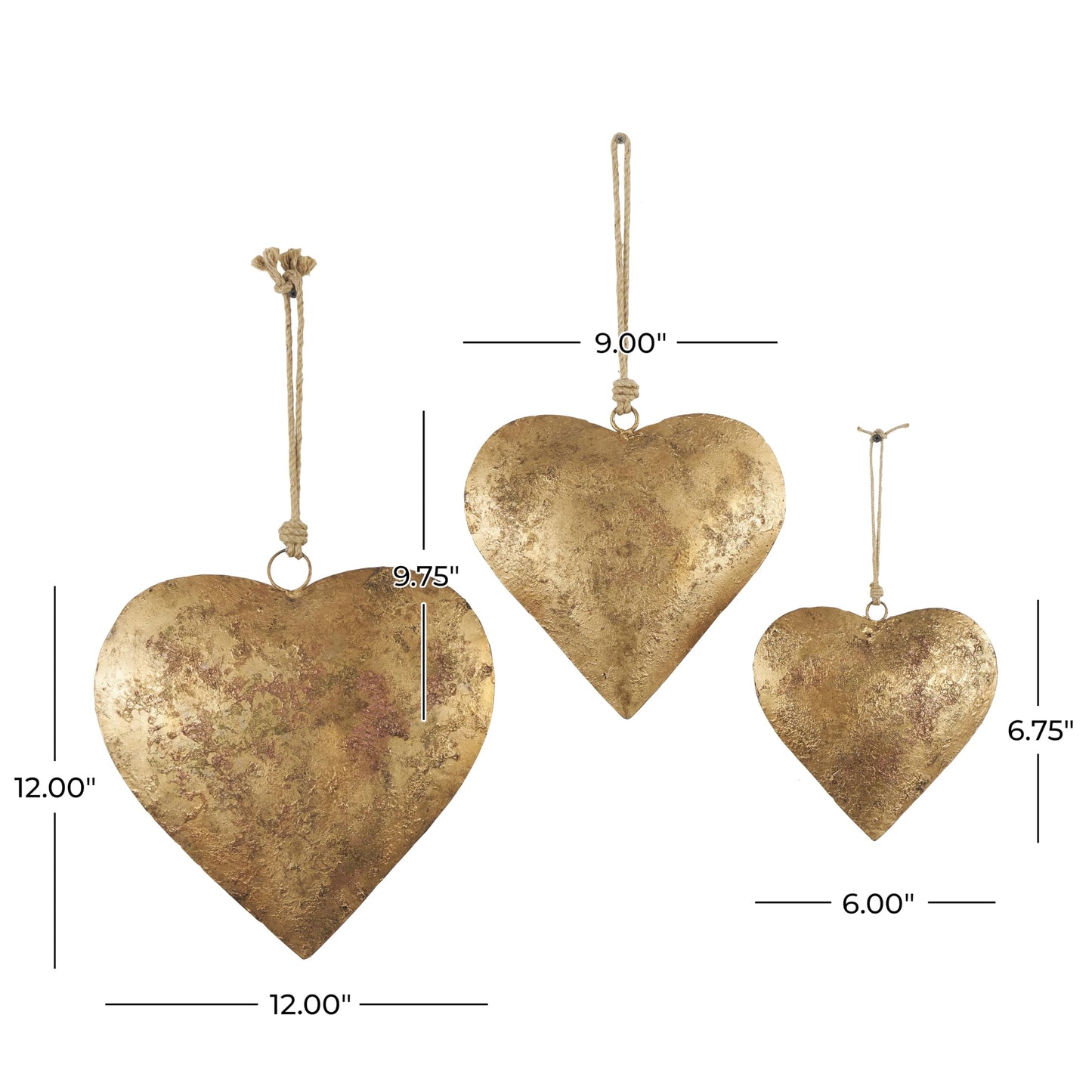 Deco 79 Metal Heart Decorative Bells Tibetan Inspired Weathered with Jute Hanging Rope, Set of 3 20", 17", 12"H, Gold