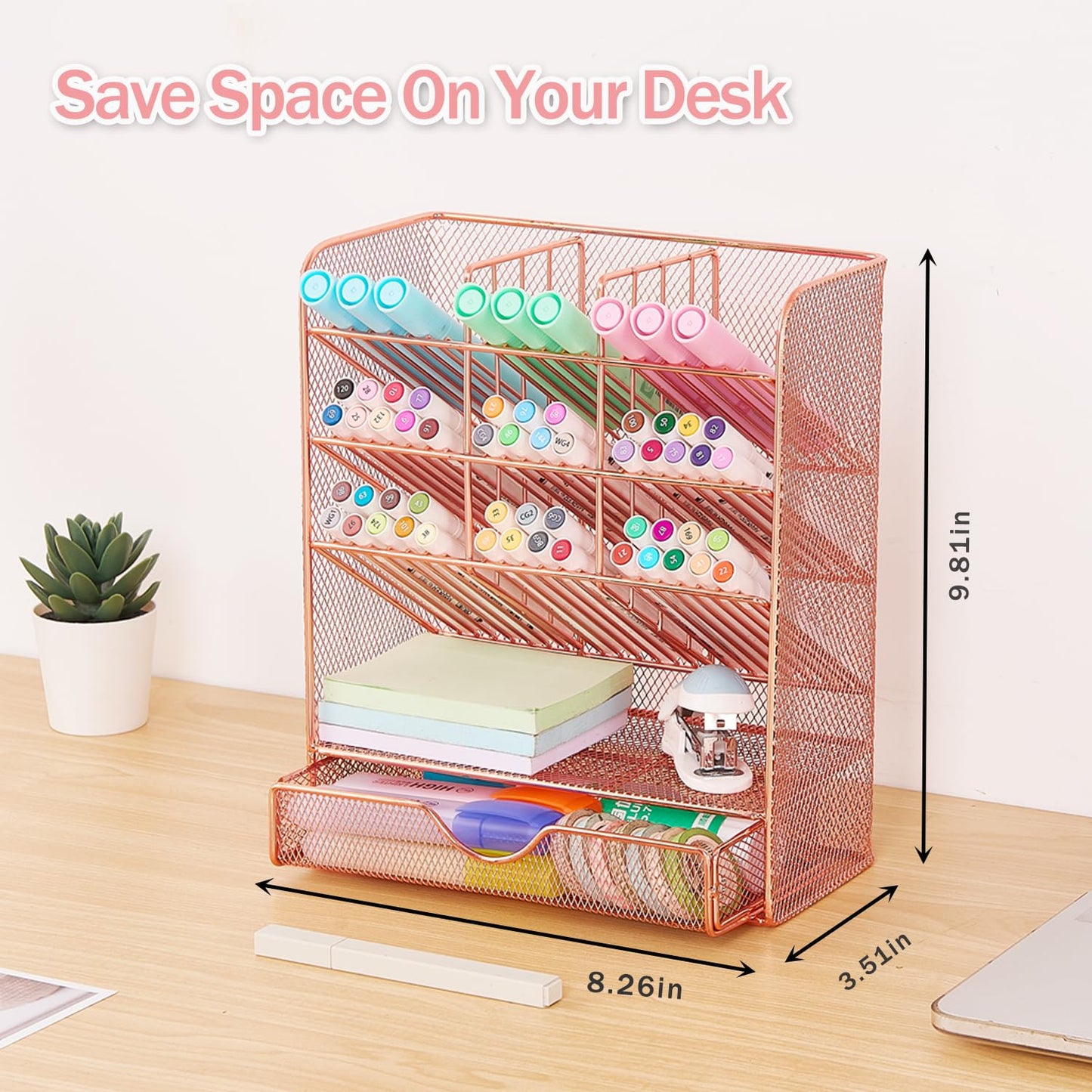 Spacrea Pen Holder Desk Organizer - Desk Organizers and Accessories, Pencil Holder with 10 Compartments and 1 Drawer（Rose Gold）