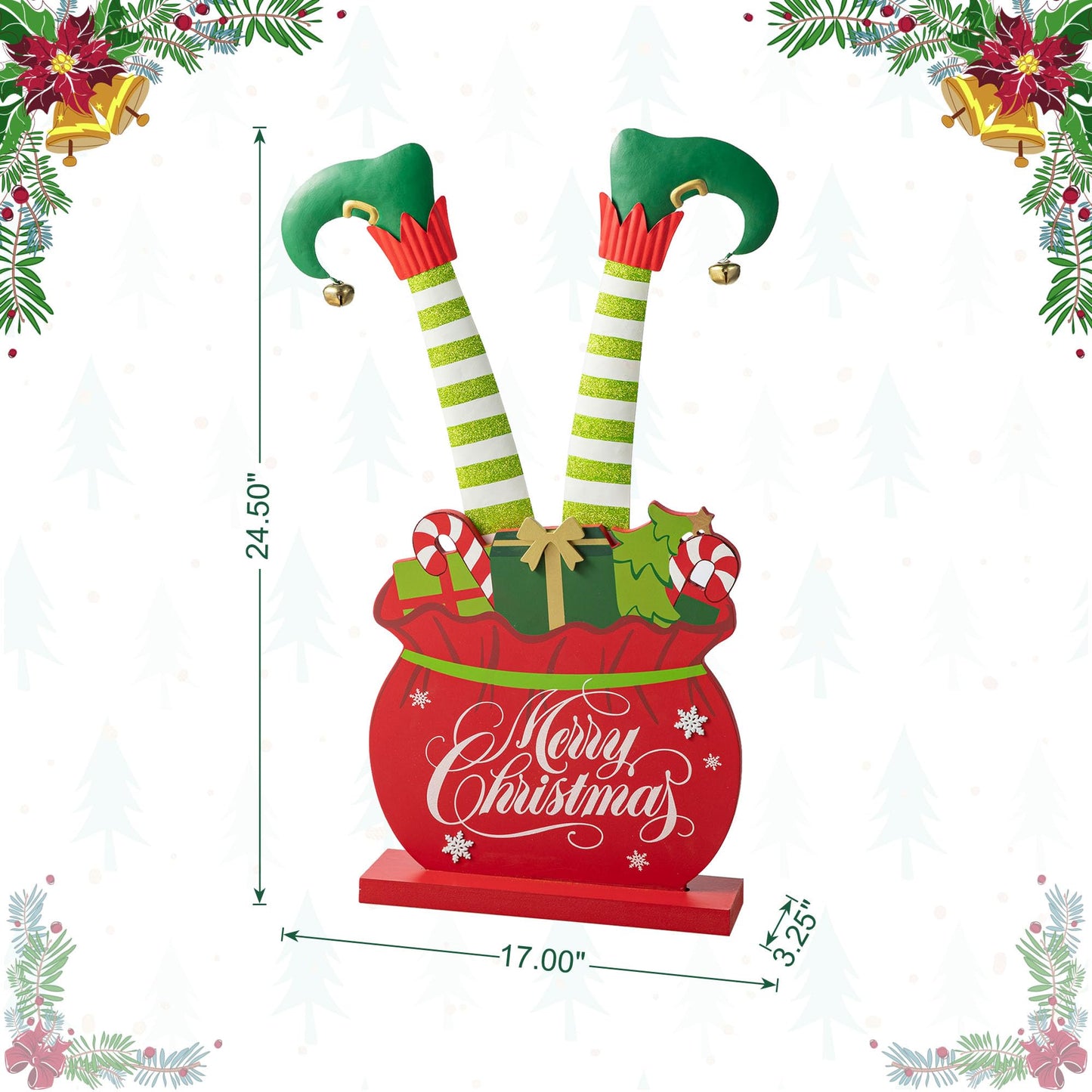 Glitzhome "Merry Christmas" Elf Legs Porch Sign, 24.5" Wood & Metal Gift Bag Display for Holiday, Festive Indoor Outdoor Welcome Greeting Decoration