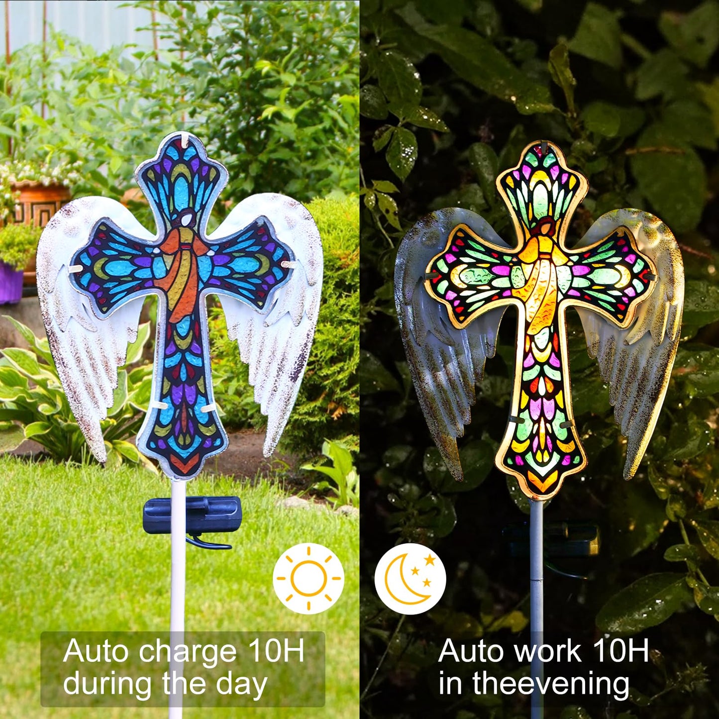 YJFWAL Solar Glass Cross Garden Stake Light, Cemetery Decorations for Grave Outdoor Lights, Easter Jesus Cross Angel Wings Sympathy Memorial Day Decor, for Garden Lawn Yard Patio