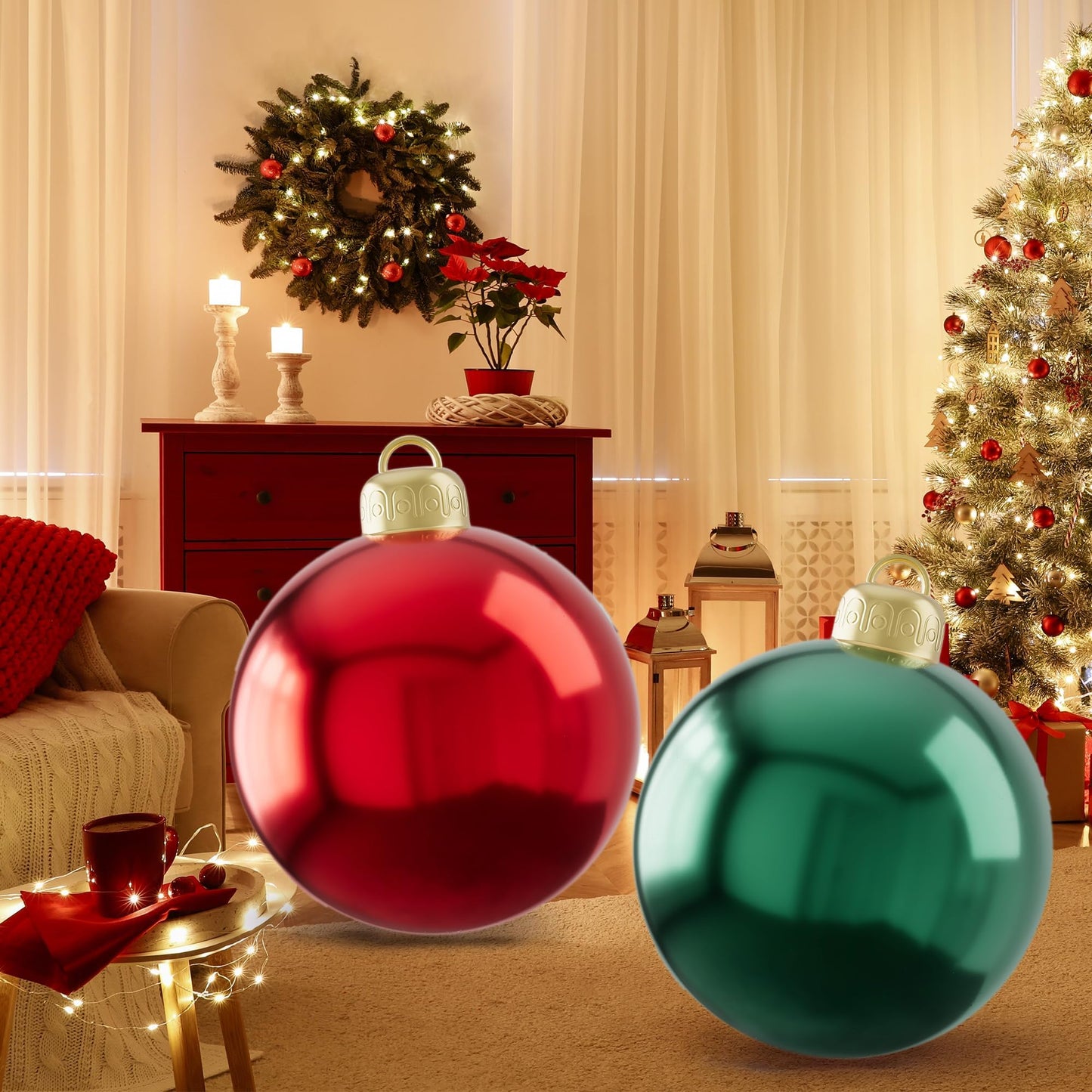 2PCS PVC Christmas Inflatable Ball 24 Inch Giant Inflatable Christmas Decorations Ball Christmas Ornament Balls Xmas Blow up Balls for Outside Holiday Yard Lawn Decor (Red&Green)