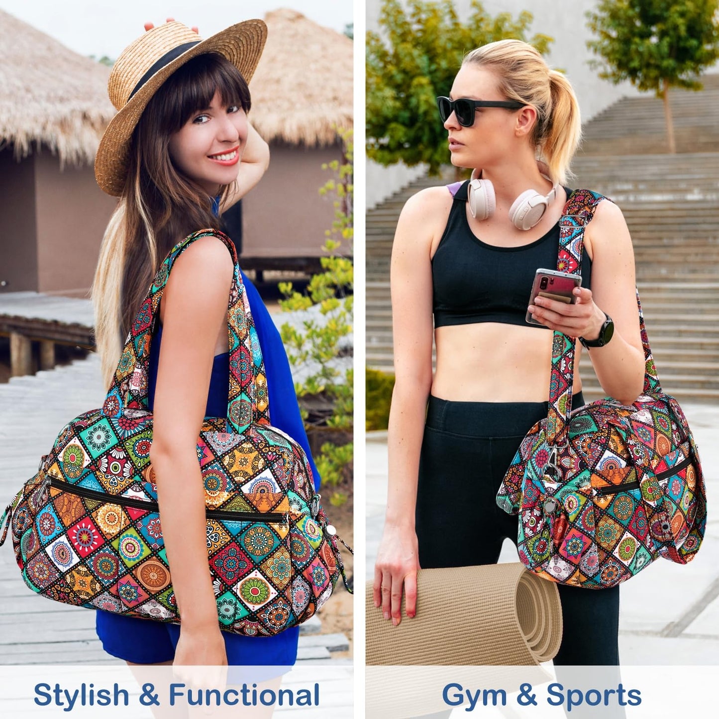 TOPDesign Travel Duffel Bag for Women, Puffer Gym Bag Sports Tote with Wet Pocket, Carry On Weekender with Luggage Sleeve (Yoga)