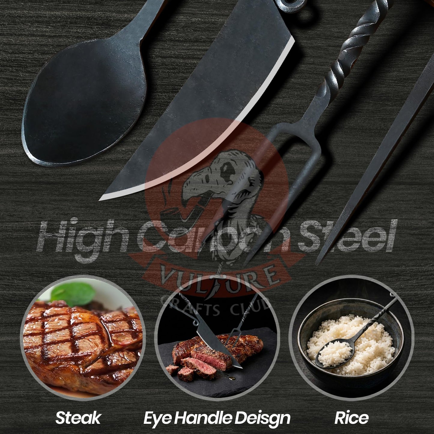VULTURE CRAFTS CLUB, Medieval Silverware Set with Leather Cover - Hand Forged Medieval Cutlery Set - Viking Camping Utensils, Medieval Decor, Gifts - 4 Pcs Viking Utensils Set Fork Spoon and Knife Set (all Black)