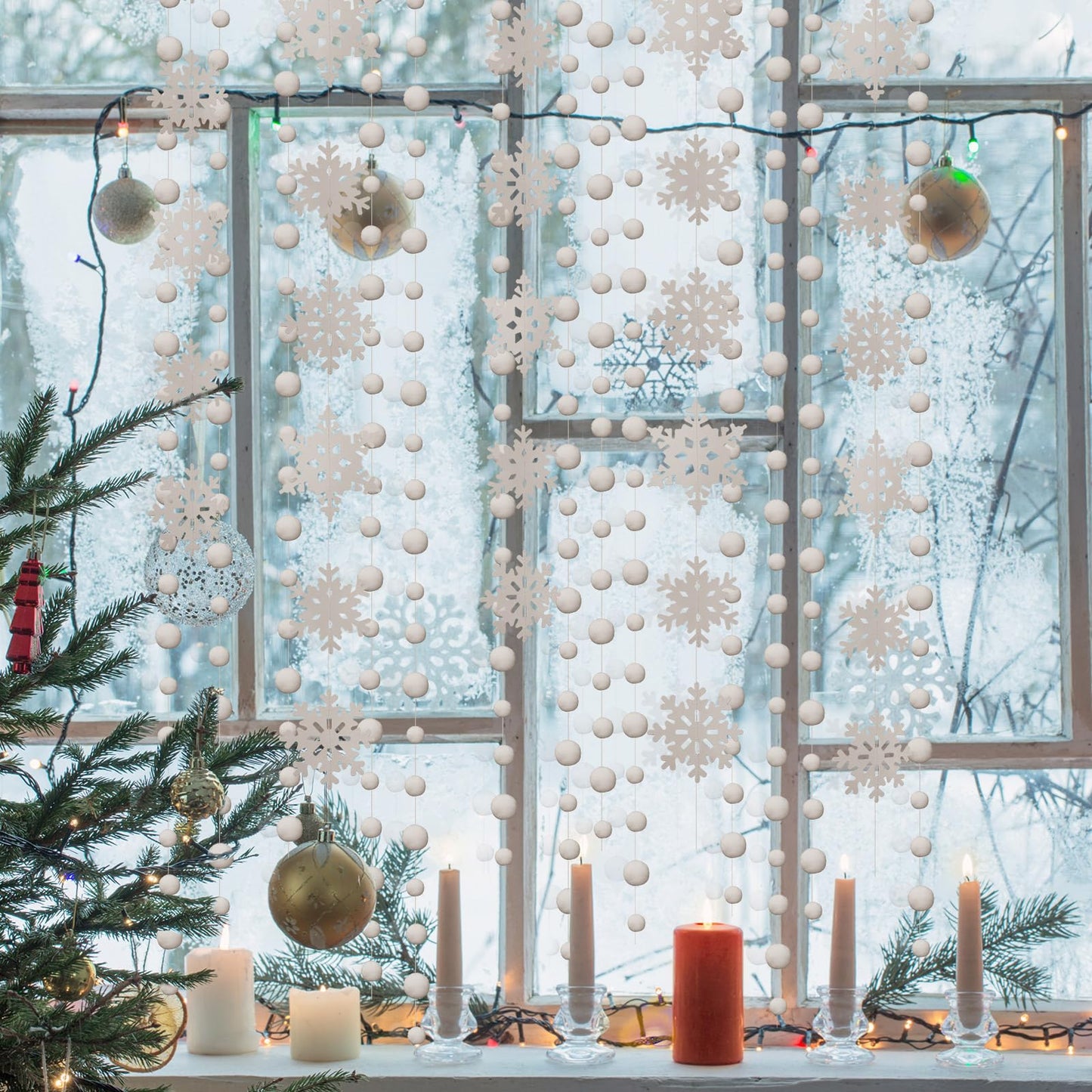 HunnmingRe 20 Pcs Snowflake Garland Winter Christmas Hanging Snowflake Decorations White Snowball Streamers Strings Xmas Wonderland Birthday Party Decorations