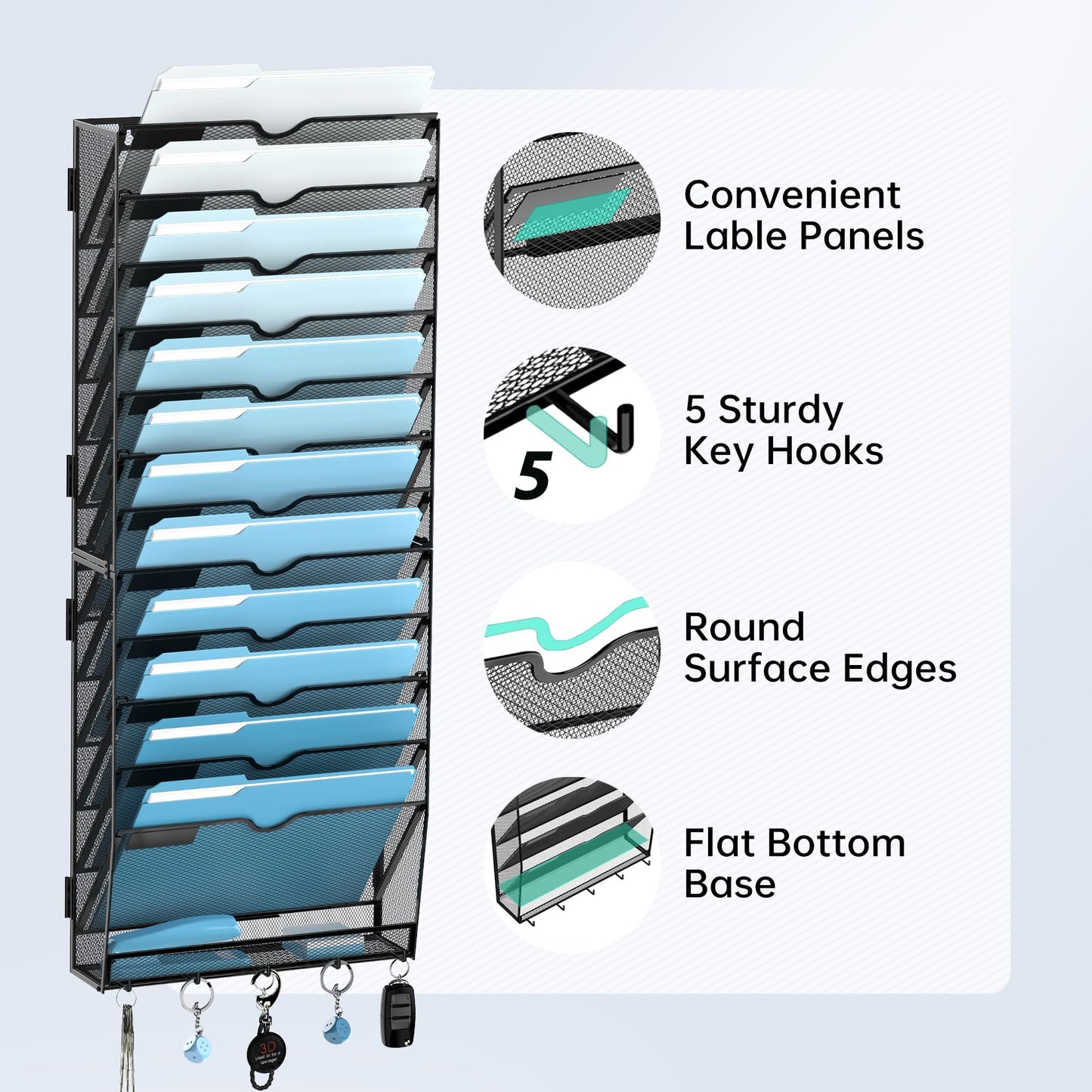 SUPEASY 13-Tier Wall File Organizer, Wall File Holder with Hooks, Mesh Hanging File Organizer, Mail Organizer Wall Mounted for Papers, Folders, Office Magazine Rack, Assembly Needed, Black