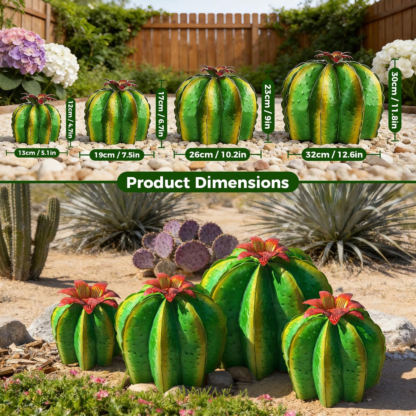 KODIBO Garden Statues, Metal Agave Plant with 4-Pack Artificial Barrel Cactus, Yard Sculpture for Outdoor Patio Lawn